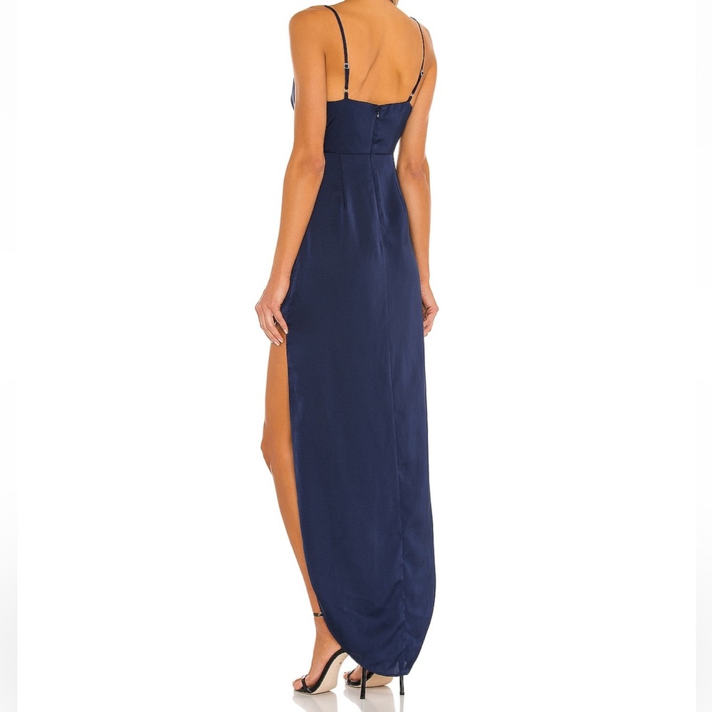 NBD Navy Blue Satin Maxi Dress with Side Slit